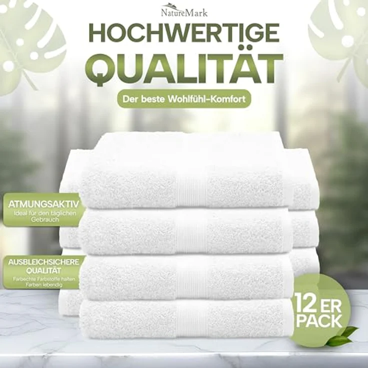 NatureMark 12er Pack Gästetücher Premium Qualität 30x50 cm GÄSTEHANDTUCH Frottiertuch-Set 100% Baumwolle Farbe: Weiß – Bild 4
