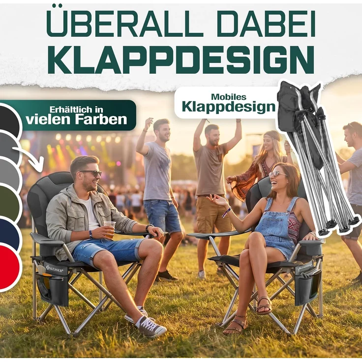 KESSER® Campingstuhl faltbar bis 150 kg Angelstuhl Faltstuhl Klappstuhl Gepolstert mit Armlehnen, Getränkehalter + Tasche mit hoher Rückenlehne, Strandstuhl, Klapphocker Anthrazit / Schwarz – Bild 4
