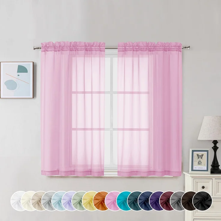 Chyhomenyc Transparente Vorhänge, 114 cm lang, 2 Paneele, lichtfilternde Stangentasche, Voile, Kurze Vorhänge für Schlafzimmer, kleine Fenster, 106x114 cm (B x L), Rosa