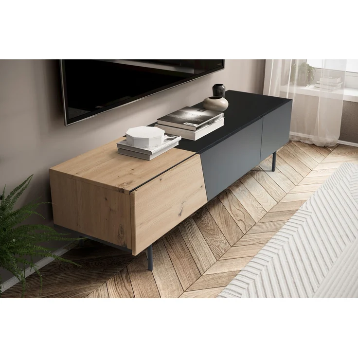 Lowboard Schwarz mit Eiche-Dekor 150x40x40 cm TV-Kommode Modern, Design TV-Sc... – Bild 5