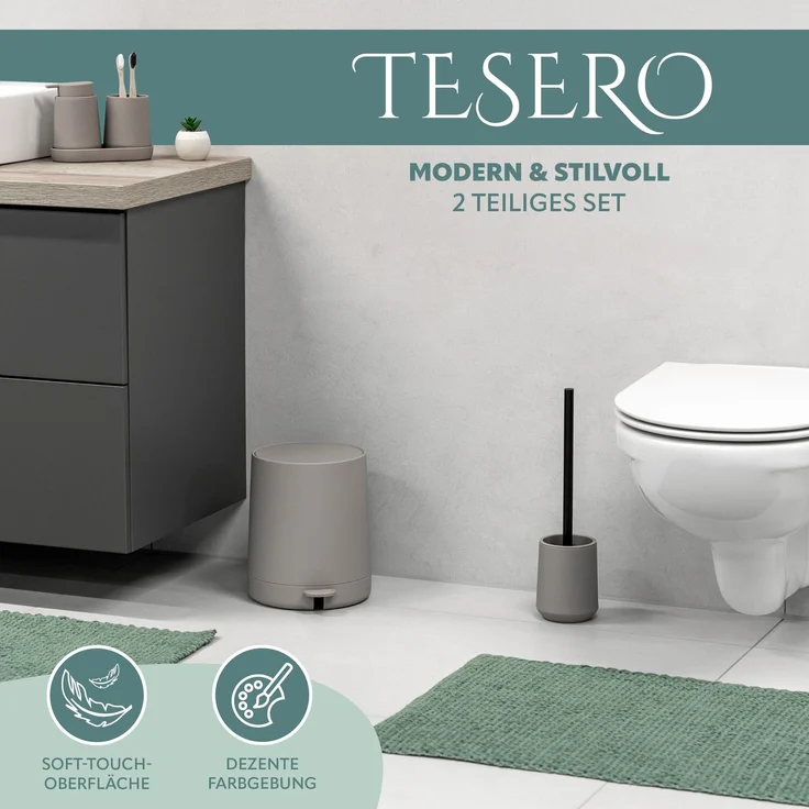Bad-Accessoires Set TESERO 2tlg. bestehend aus 1x WC-Garnitur, 1x Kosmetikeimer aus Kunststoff in Taupe – Bild 2