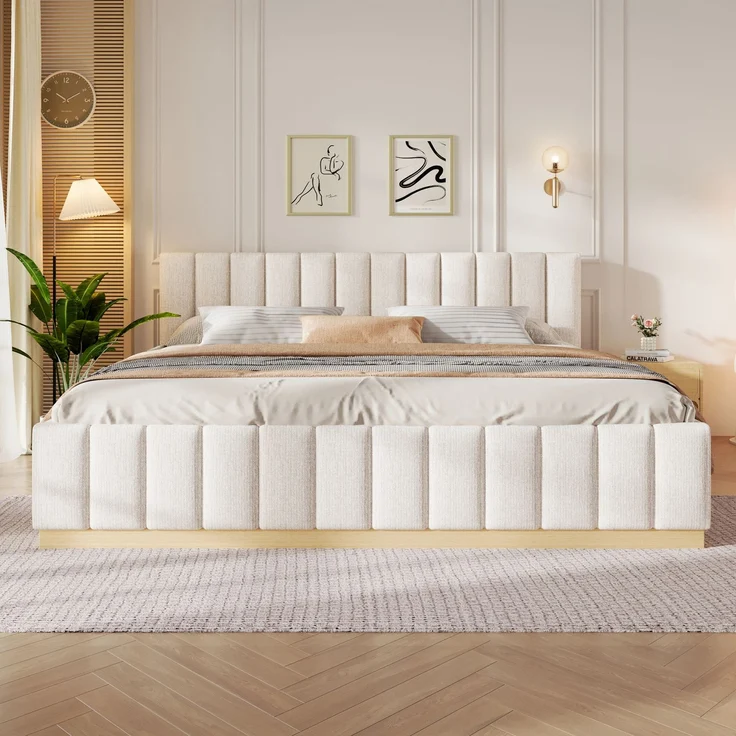 Polsterbett, Doppelbett, 180 x 200 cm, Bett mit Lattenrost, Kopfteil,Gepolstertes Kopfteil, Ohne Matratze, Beige Chenille – Bild 3