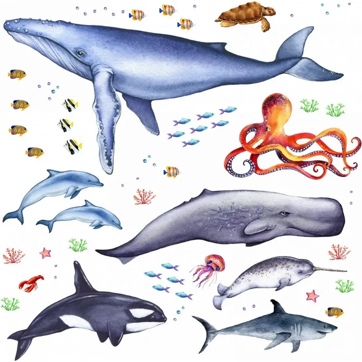 nikima Wandtattoo 166 Tiere der Meere - Blauwal, Hai, Delfin, Orca (PVC-Folie), in 6 vers. Größen