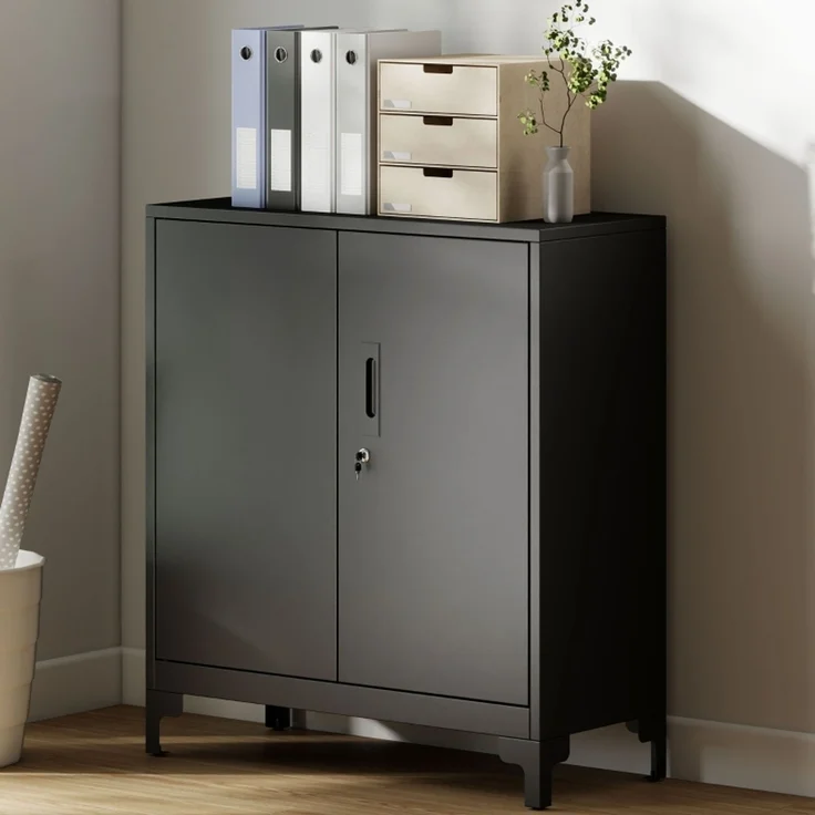 Büroschrank aus Metall, verschließbare Türen, Bürokommode, 2-stufiges Design, Schwarz--Schwarz--80x35x91cm--YOUDENOVA – Bild 2