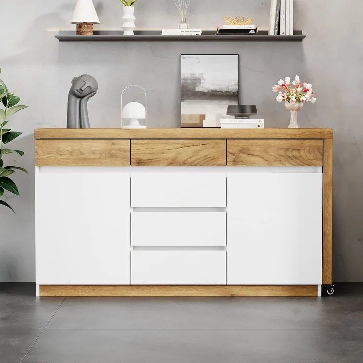 ZUBALIYA Schreibtisch mit feststellbaren Rollen – multifunktionales Design, 4 cm dickere, drehbare Tischplatte, fest arretierbar, weiß/Eiche, Faltbarer Schreibtisch, Eckschreibtisch, Sideboard,Dicke Materialie – Modell N880P5298689O – Bild 2