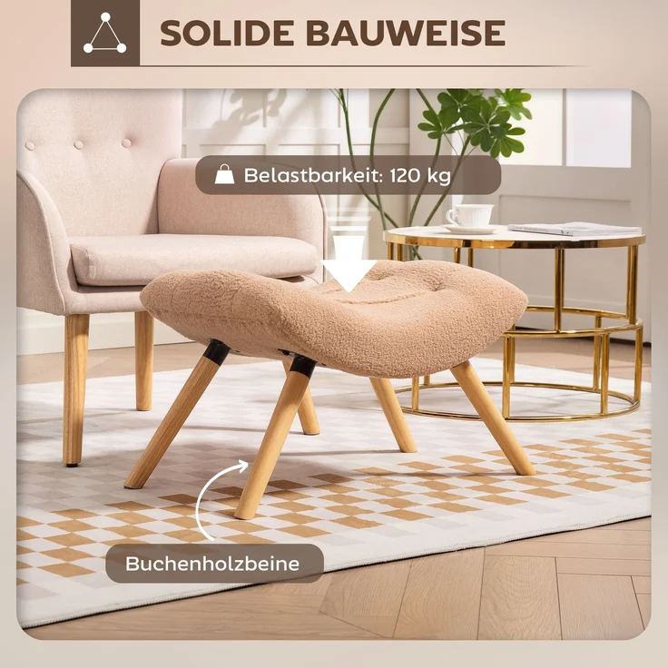 Moderner Fußhocker mit Fleece-Bezug und Holzbeinen, gepolstert, für Wohnzimmer, Schlafzimmer, Flur, Braun--Braun--67x45x38cm--YOUDENOVA – Bild 9