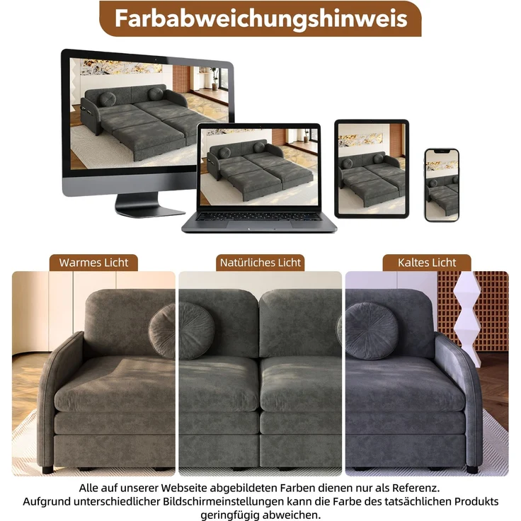 ZUBALIYA 206 cm King-Size ausziehbares 3-Sitzer-Sofa, 3-in-1 Schlafsofa, mit losen Kissen und Stautaschen an beiden Seiten, Chenille-Sofa mit Schlaffunktion, Grau, H 89 × T 205 × B 84 cm – Bild 13