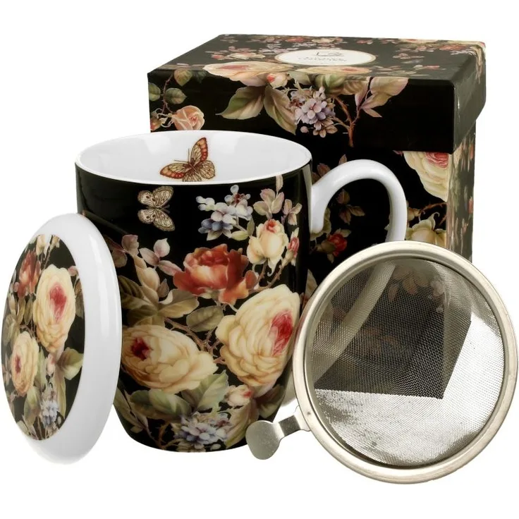 DUO FLORAL Becher 380 ml WARDA mit Teesieb, New Bone China Porzellan