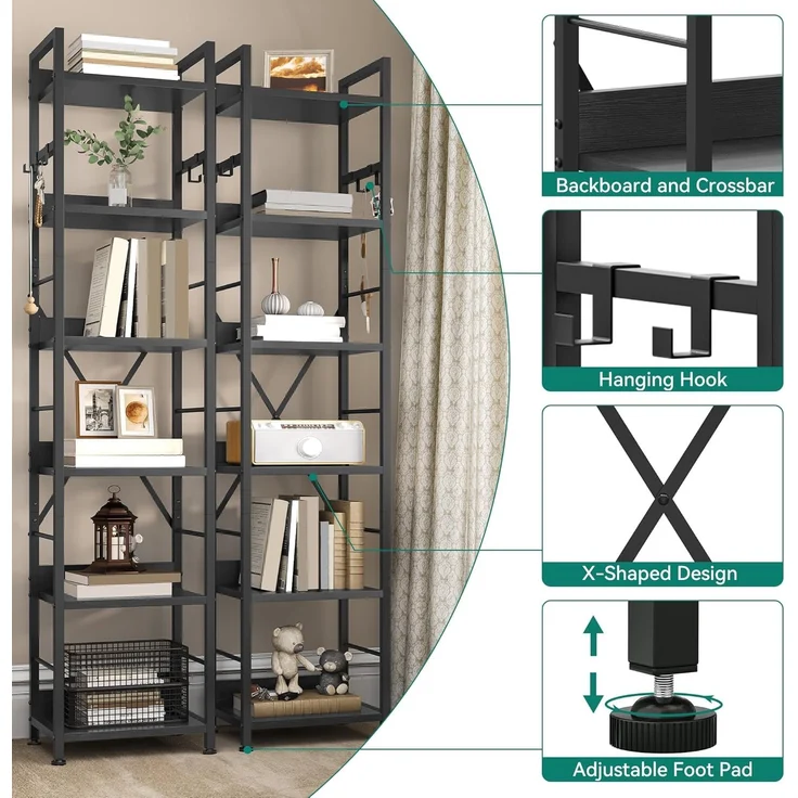YITAHOME Bücherregal mit 6 Ebenen, Industrielles Standregal, Metallrahmen und Holzregale, Hohes Lagerregal mit 4 Haken, Präsentationsorganizer, für Wohnzimmer, Heimbüro, Schwarz Regal – Bild 3