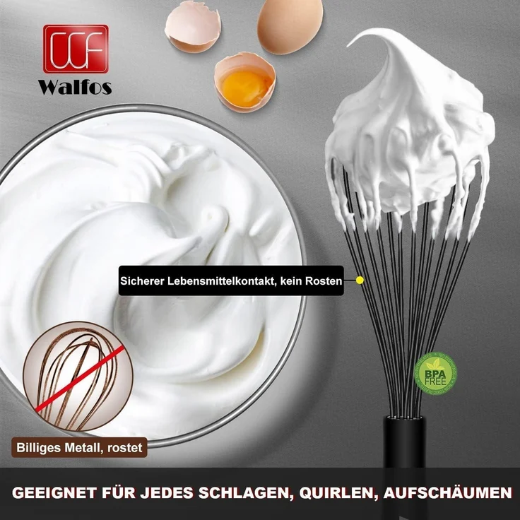 Walfos 21.5cm Silikon Edelstahl Schneebesen Schwarz Rührbesen Ballonschneebesen – Bild 3