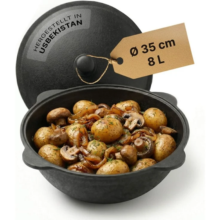 BIG-PAN Wok Gusseisen Kazan 8L mit Deckel Feuertopf für Camping Grill Dutch Oven, (Feuertopf Schwenktopf Dutch Oven, Uzbekischer Kessel Namangan), asiatischer Topf für Plov Wok Eintöpfe – Bild 1