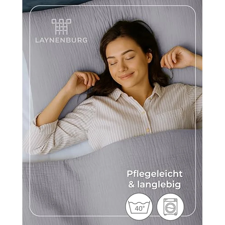 Laynenburg Bettwäsche Musselin aus 100% Baumwolle in 135x200 oder 155x220 cm, atmungsaktiv & bügelfrei – 3 lagig mit Reißverschluss & Haltebändern – Bild 8