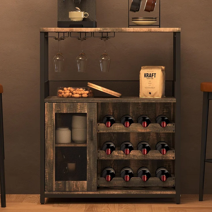 Garvee Weinschrank Weinregal Industrial Barschrank mit Verstellbarem | Weinregal und Glashalter Getränkeaufbewahrung Weinbarschrank für Küche Esszimmer Wohnzimmer 70 x 35 x 92 cm Flammenrot