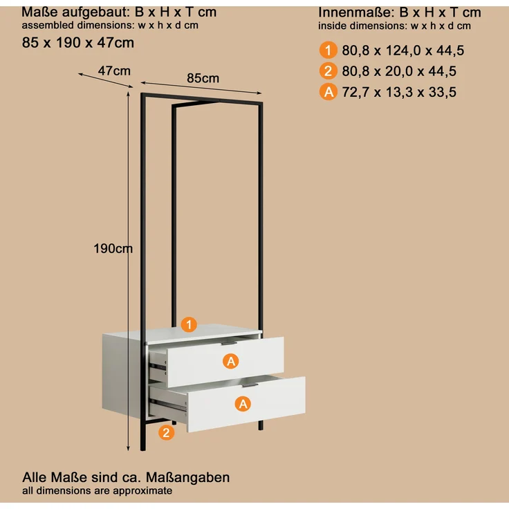 trendteam smart living - Jody - Garderobenständer mit 2 praktischen Schubladen - Weiß matt/Schwarz - Kompakter Kleiderständer - (BxHxT) 85 x 190 x 47 cm - Freistehende Garderobe mit Metallgestell – Bild 12