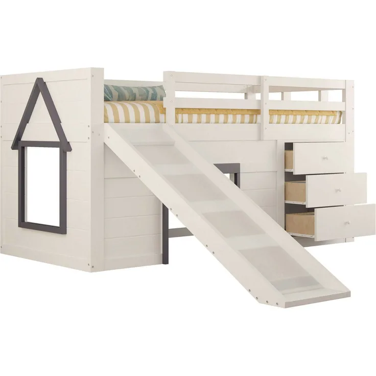 Merax Etagenbett Hochbett 90x200cm mit Rutsche, Kinderbett Hausbett mit 3 Schubladen, mit Rausfallschutz und Lattenrost, Stockbett Creme