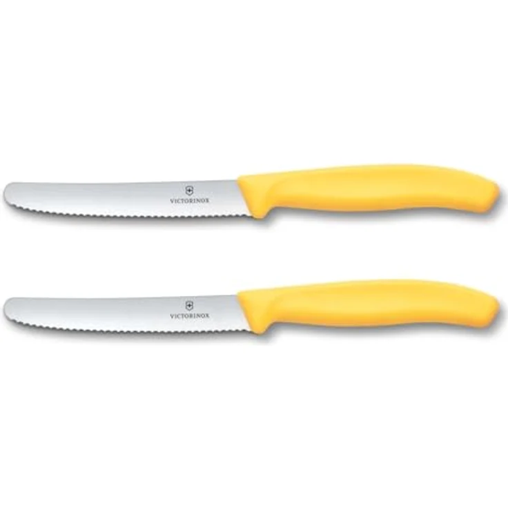 Victorinox Swiss Classic, Frühstücksmesser, Brötchenmesser Set 2teilig, Scharfe Klinge, Wellenschliff, 11 cm, Rostfreier Stahl, Gelb – Bild 2