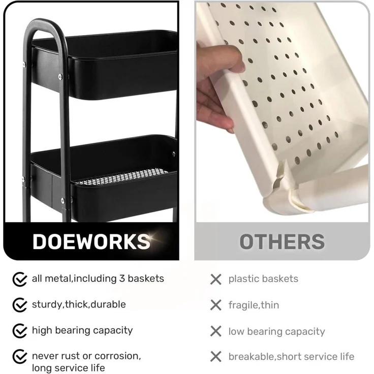 DOEWORKS Rollwagen Metall Küchenwagen 3-Etagen Organizer Schwarz – Bild 8