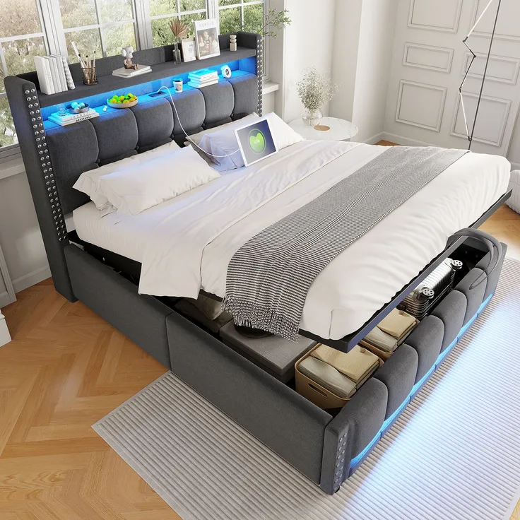 Polsterbett 140×200 cm mit Bettkasten, LED-Beleuchtung und USB-Anschluss, Grau