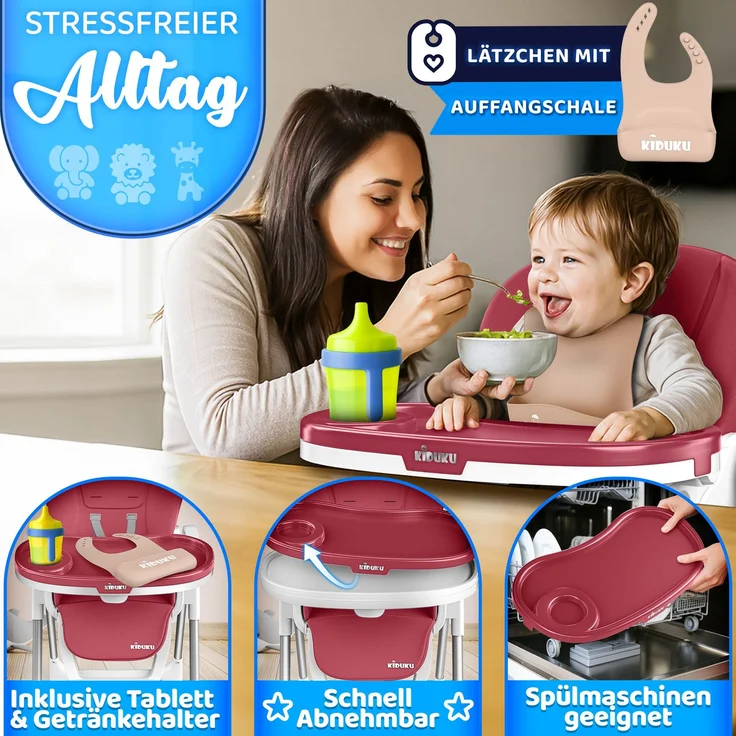 KIDUKU® Hochstuhl Baby 3in1 mit Neugeborenenaufsatz + Lätzchen, Spielbogen & Tisch | Kinderhochstuhl klappbar mit Liegefunktion | Kombihochstuhl höhenverstellbar | Babystuhl mitwachsend 0-36 Monate – Bild 9
