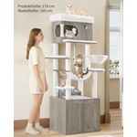 Kratzbaum, Katzenbaum mit Katzenklo Schrank, Futterstation, 176 cm Hoch, mit großer Plattform, Sisalseil, Hängematte, Waschbares Kissen, Plüschbälle, Greige