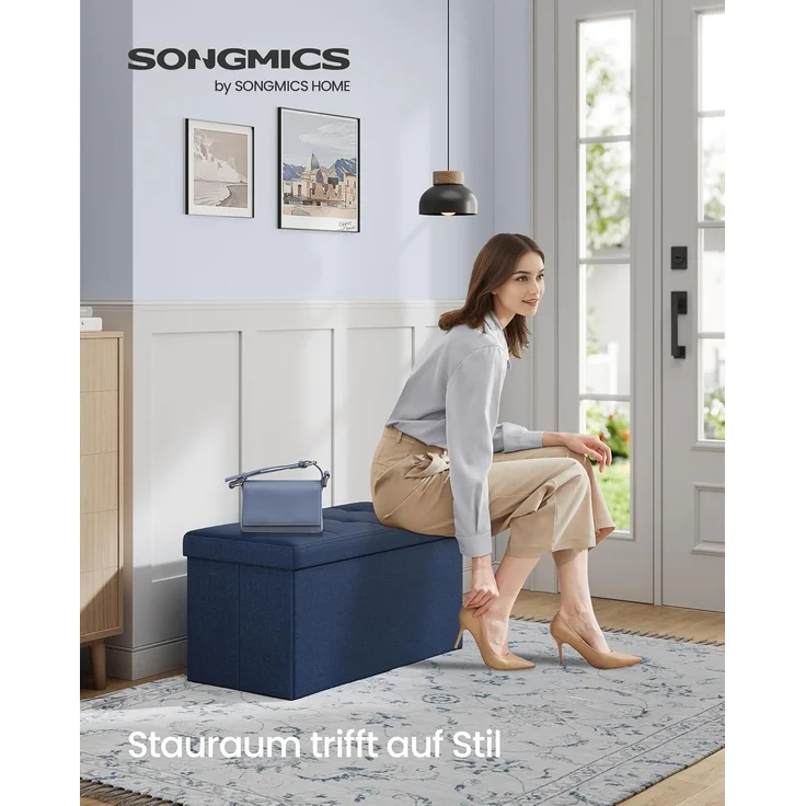 Sitzbank mit Stauraum, 76 cm, klappbare Sitztruhe, Aufbewahrungsbox, Fußbank, Dunkelblau – Bild 3