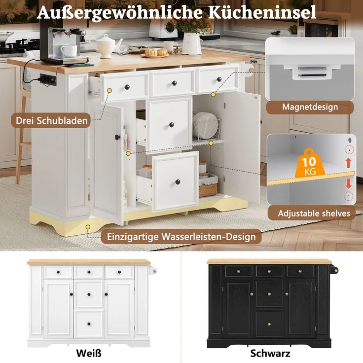 Merax Ausziehbarer Essbereich Kücheninsel mit verstellbaren Einlegeböden und Multifunktionsschubladen, Kücheninsel freistehend mit Steckdosenleisten, (Weiß) – Bild 5