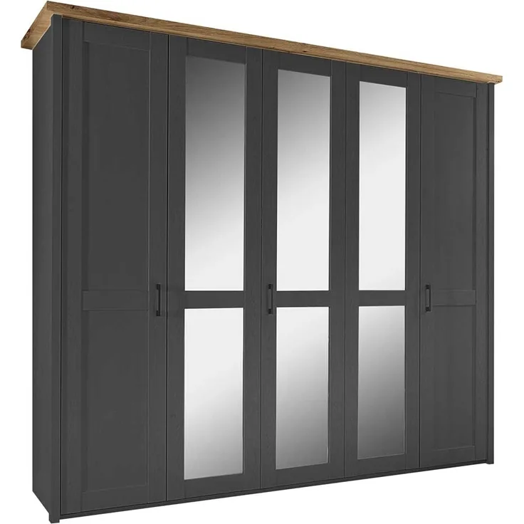 Kleiderschrank Latina / Locarno, Holzwerkstoff, Schwarz, Holzfarben, Verspiegelt, 241 x 212 x 62 cm