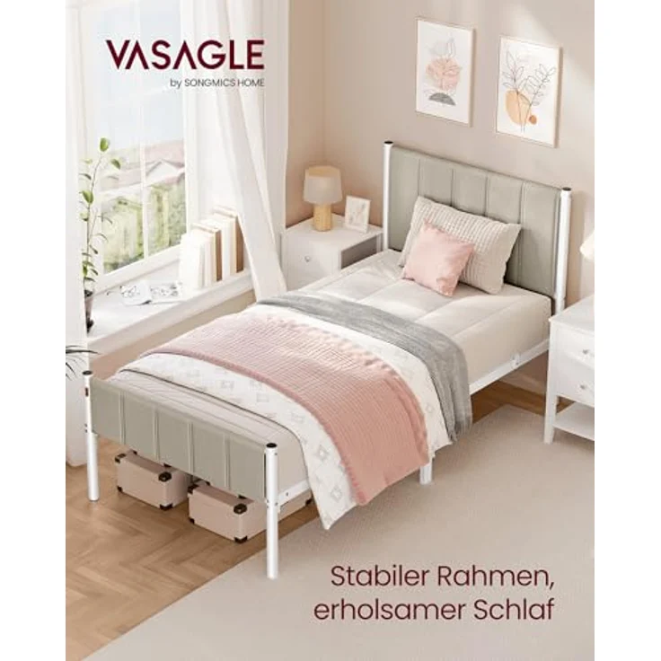 VASAGLE Einzelbettgestell, Bettgestell, 90x200 cm, mit gepolstertem Kopfteil, Bettrahmen, Stahl, trägt bis zu 250 kg, einfache Montage, cappuccinobeige RMB972LH01 – Bild 3