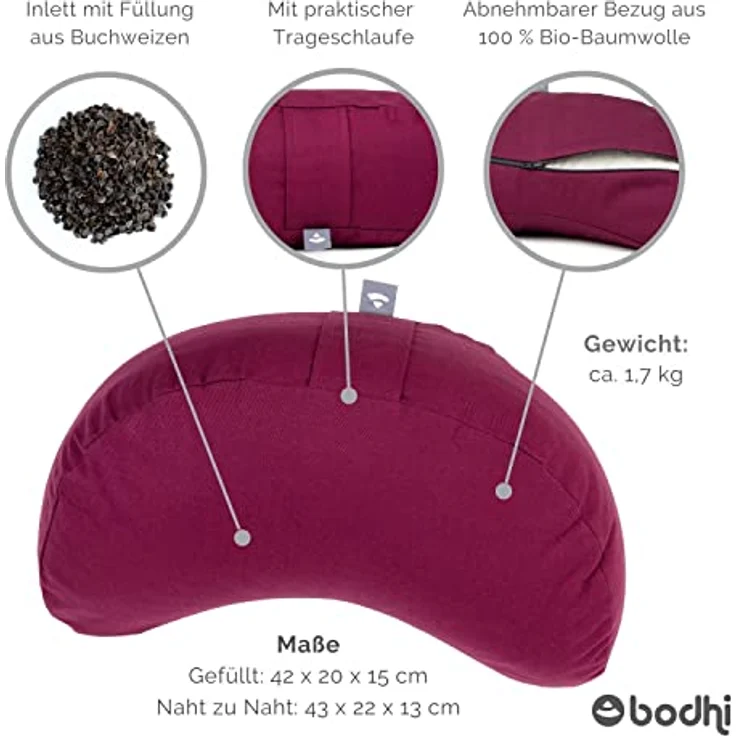 Bodhi Meditationskissen Halbmond Yogi MOND ECO, Sitzkissen aus 100% Bio-Baumwolle mit Buchweizenfüllung, aubergine, ergonomische Form mit Trageschlaufe und waschbarem Bezug – Bild 3