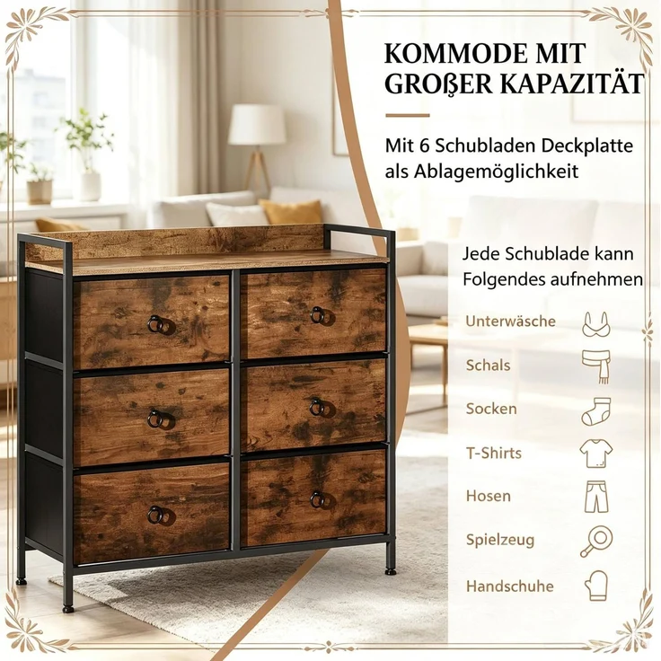 DESVIAE Kommode mit 6 Stoffschubladen 80x78x29 cm Holzwerkstoff Metall Rustikal Braun Schwarz – Bild 5