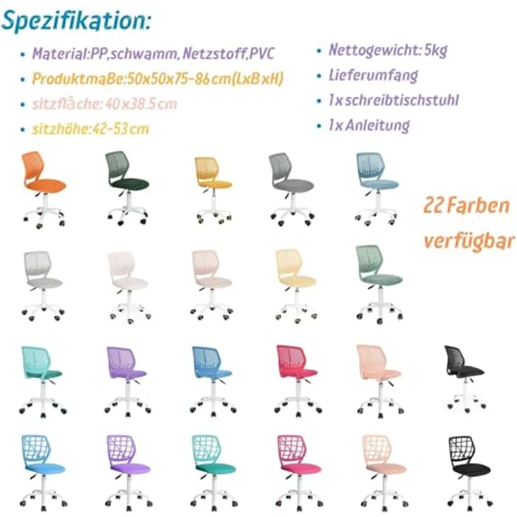 FurnitureR Bürostuhl Drehstuhl Höhenverstellbar 360 Grad Drehung Stoffbezug SGS Gaslift 130kg PP Rücken PU Rollen – Bild 7