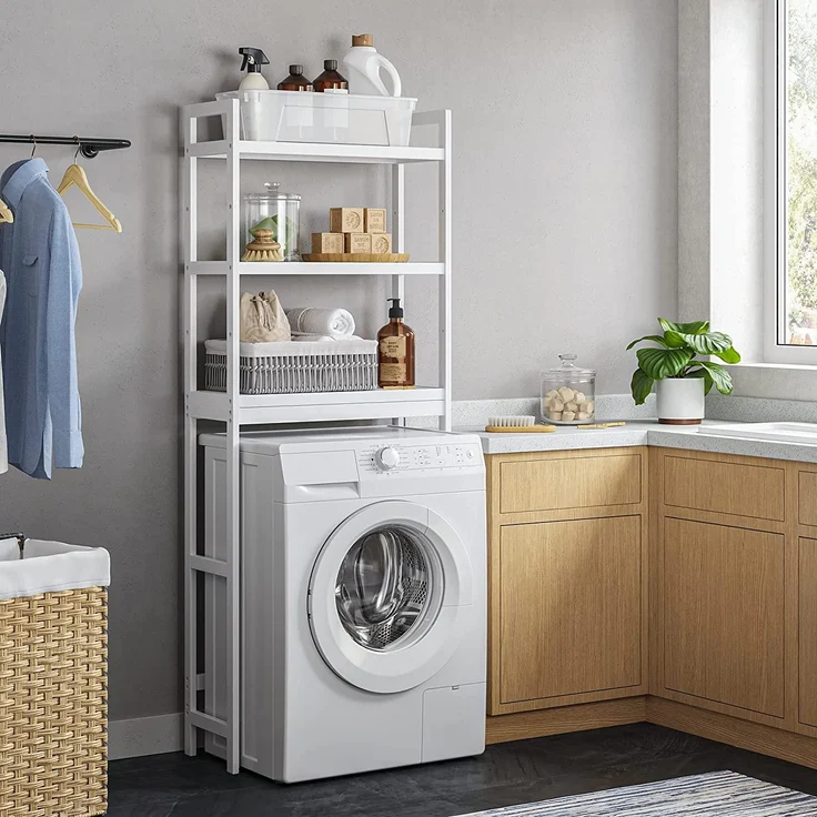 SONGMICS Toilettenregal, Badezimmerregal, Waschmaschinenregal,3-stöckiges Badregal aus Bambus, verstellbar, multifunktional, statische Belastbarkeit 15 kg pro Ebene, einfache Montage, weiß BTS01WT – Bild 2