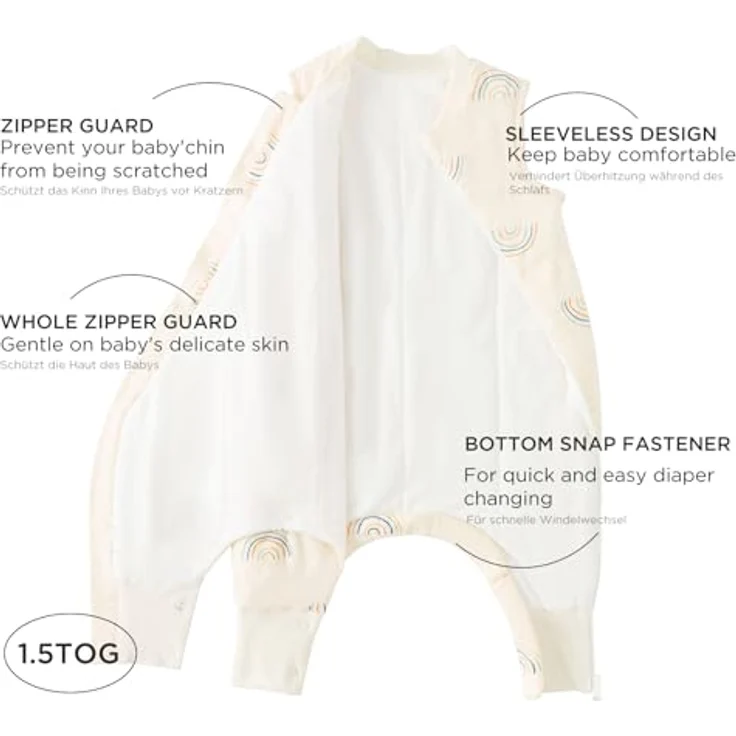 Duomiaomiao Baby Schlafsack, 1x Ganzjahresschlafsack, 1.5tog Kleiner Regenbogen, 85cm / Baby Körpergröße 90-100cm, Baumwolle – Bild 4