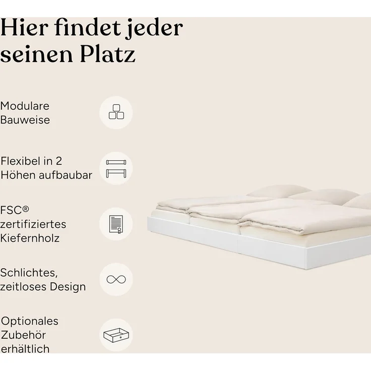 Ehrenkind Holzbett Plano, Modulares Familienbett, FSC® Zertifiziert (Familienbett, 270x200 cm, Kiefernholz naturbelassen, 2‑in‑1 Höhe (Bodenbett oder Standard), Modular und Höhenverstellbar – Bild 3