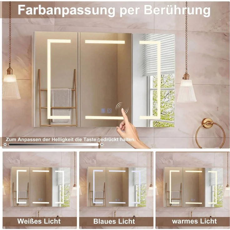 Simurq Spiegelschrank Badezimmerspiegelschrank 3 türig Hängeschrank mit LED Beleuchtung (3 Farbtemperaturen Dimmbar) Badspiegelschrank 100 x 13,5 x 60 cm mit Steckdosen, Anti-Fog – Bild 4