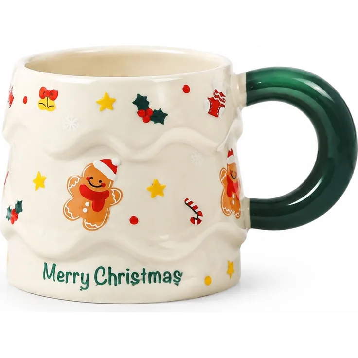 Keramik-Weihnachtstasse mit Deckel und Löffel Kaffeebecher Grün 16 x 12 x 14 cm