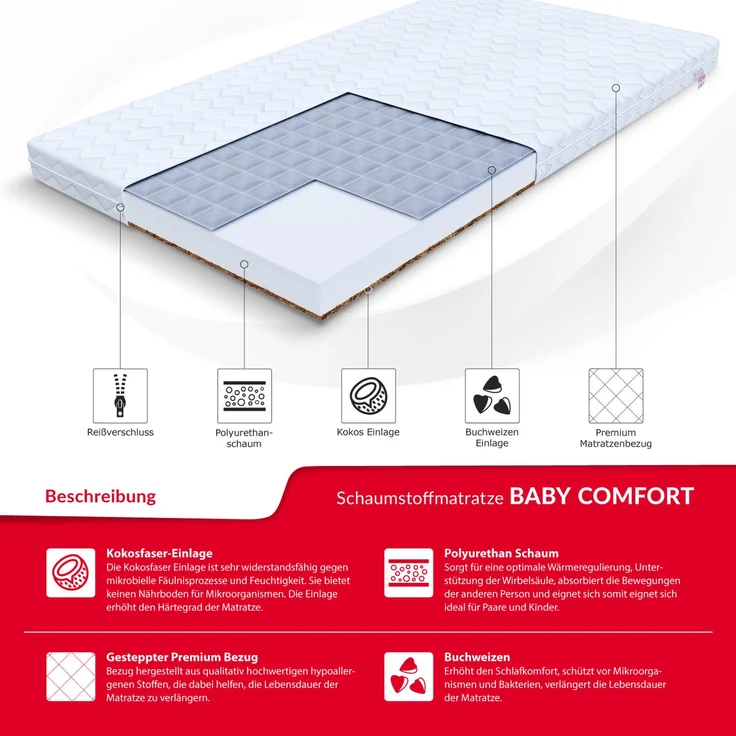 Matratze 90x180 cm Kaltschaum BABY COMFORT H2 H3 9 cm Babymatratze Schaum Kokos Buchweizen – Bild 3