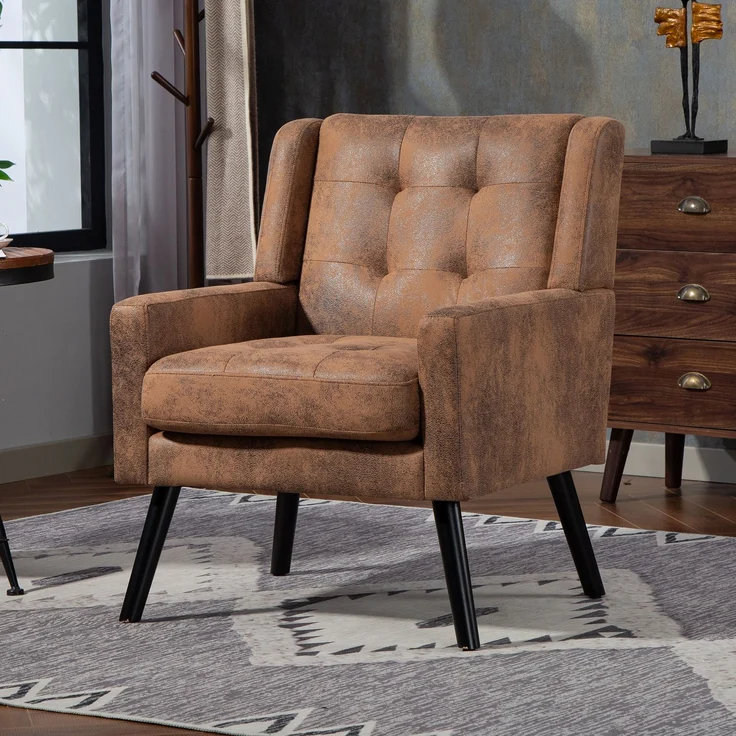 LVHOM Sessel aus Suedevlies mit Knopfsteppung, Relaxsessel mit Massivholzbeinen, Polstersessel für Wohnzimmer & Büro, bis 130kg, Braun – Bild 2