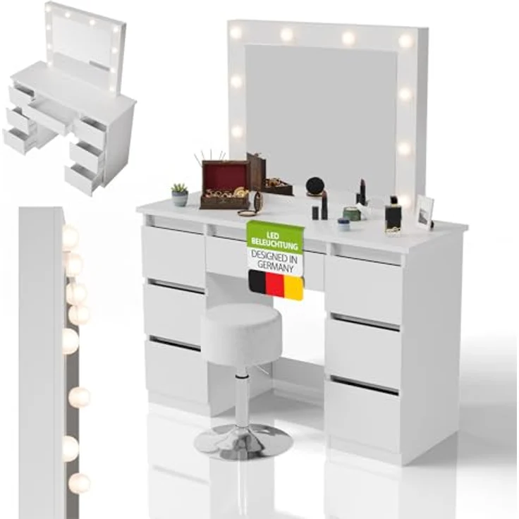 Juskys Schminktisch Talea, Weiß, mit LED-Beleuchtung, 7 Schubladen und großem Spiegel, 110x141x40 cm – Bild 1