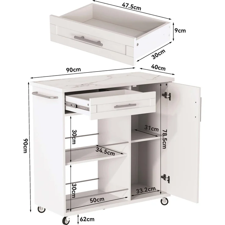 Küchenwagen 90 x 62 x 90 cm mit Marmor-Optik Arbeitsplatte, Schublade, Schrank, 2 offenen Regalen, Handtuchhalter, feststellbaren Rollen, Weiß – Bild 7