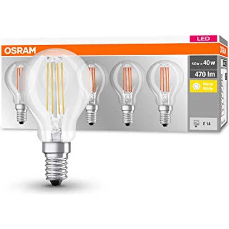 OSRAM LED-Lampe E14 P40 4W Filament warmweiß, 470lm, 5er Pack, nicht dimmbar