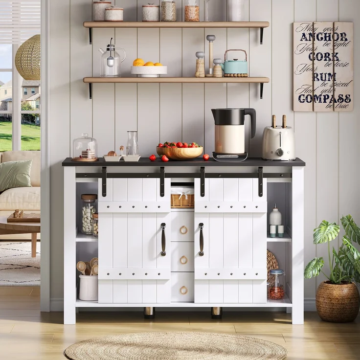 Merax 120 cm Buffetschrank mit Stauraum, Seitenschrank mit Schiebetüren und 3 Schubladen, rustikaler Holz-Kaffeebar-Buffettisch, weiß – Bild 6