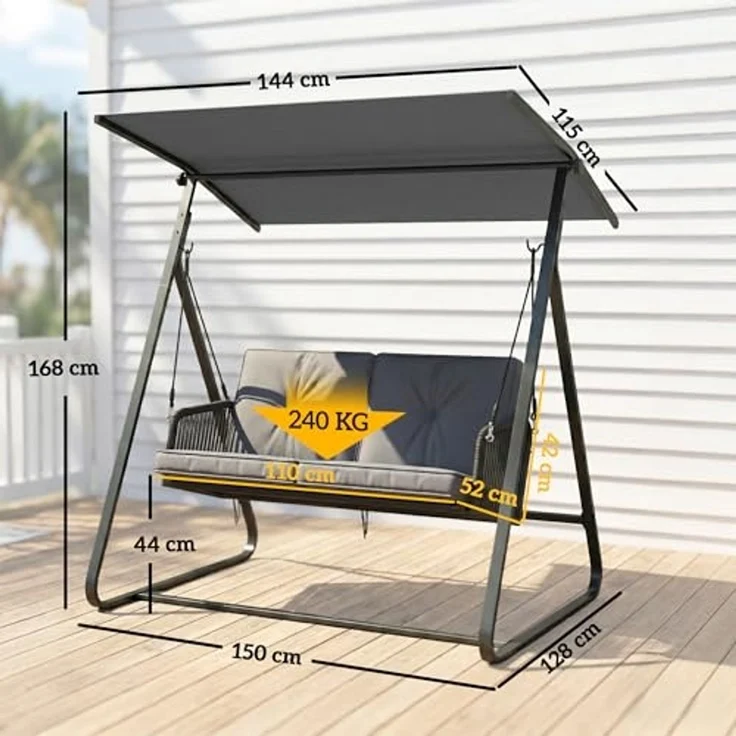 Outsunny Hollywoodschaukel mit Verstellbarem Sonnendach, weichem Kissen, A-Rahmen, 2-Sitzer, verstellbares Dach, Schaukelbank, geeignet für 2 Personen, Gartenschaukel, 3 tlg, 2-Sitzer Schaukelbank, für Garten Terrasse 150 x 128 x 168 cm Dunkelgrau – Bild 7