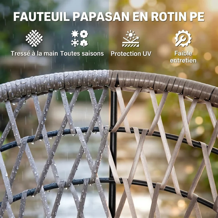 Runder Gartensessel, drehbarer Papasan-Sessel, Ø 97 x 90H cm, großes Kissen im Lieferumfang enthalten, Polyester-Geflecht – Bild 7