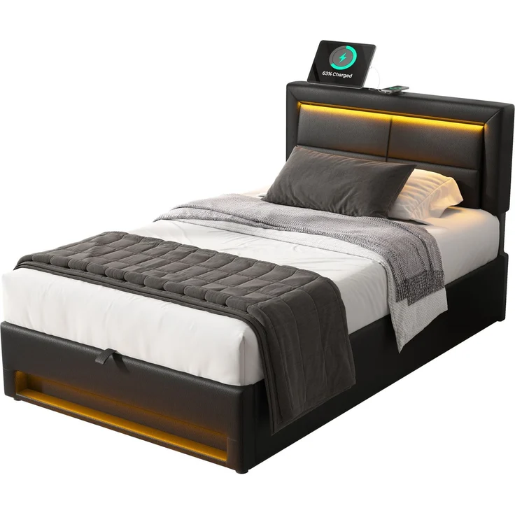 Merax Polsterbett LED Einzelbett 90x200cm mit USB-Anschluss und hydraulischem Stauraum, schwarz – Bild 10