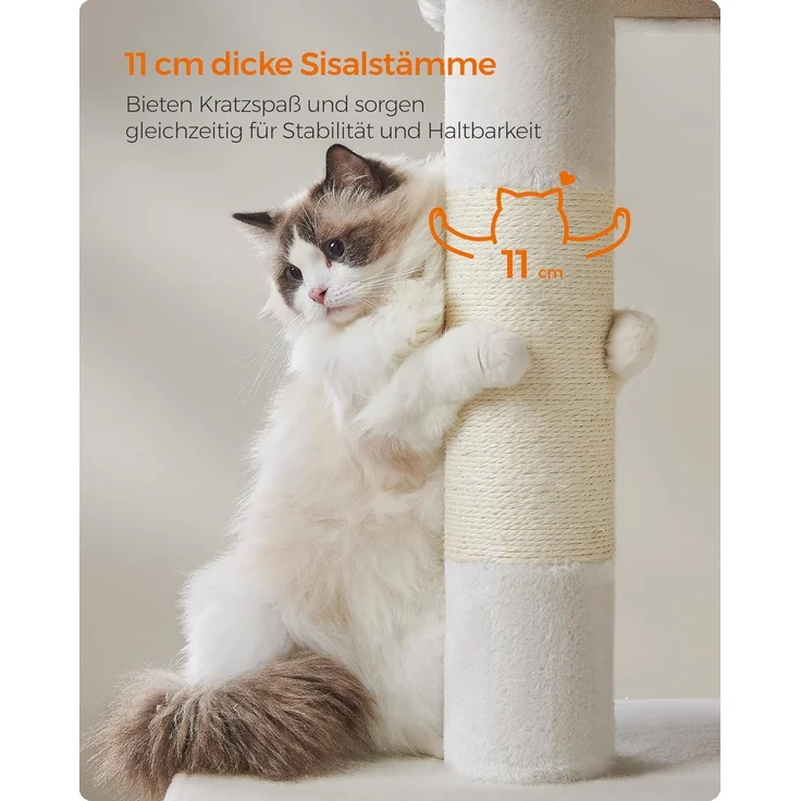 Feandrea Kratzbaum, 101 cm Katzenbaum, XL, Katzenhaus für extra große Katzen bis zu 20 kg, große Plattform, 2 Katzenhöhlen, Sisalstämme, cremeweiß PCT614T01 – Bild 6