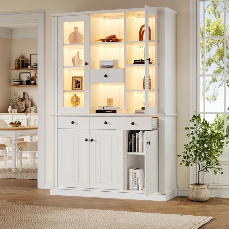 Vitrine 119,5x40x180 cm in Weiß mit LED, 5 Türen und 4 Schubladen