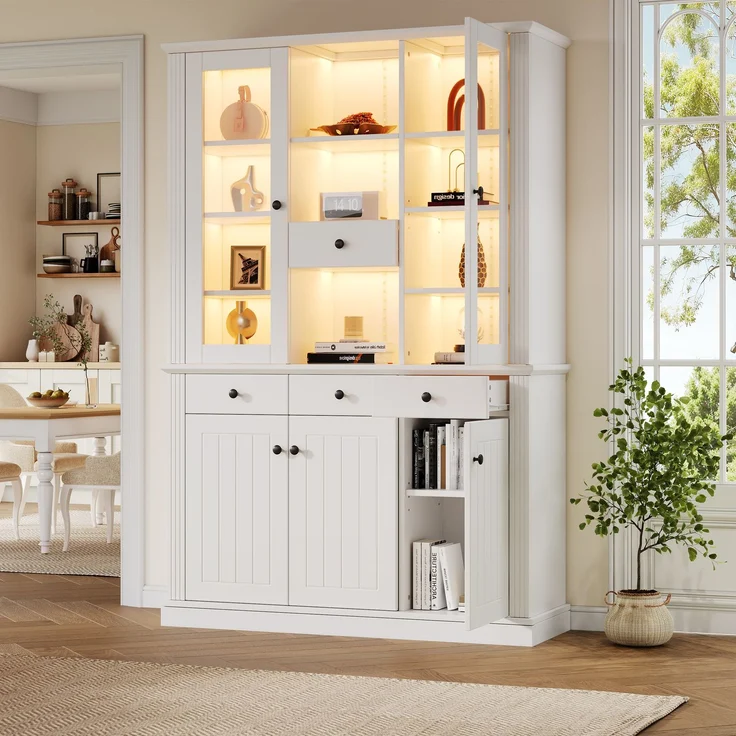 Vitrine 119,5x40x180 cm in Weiß mit LED, 5 Türen und 4 Schubladen – Bild 1