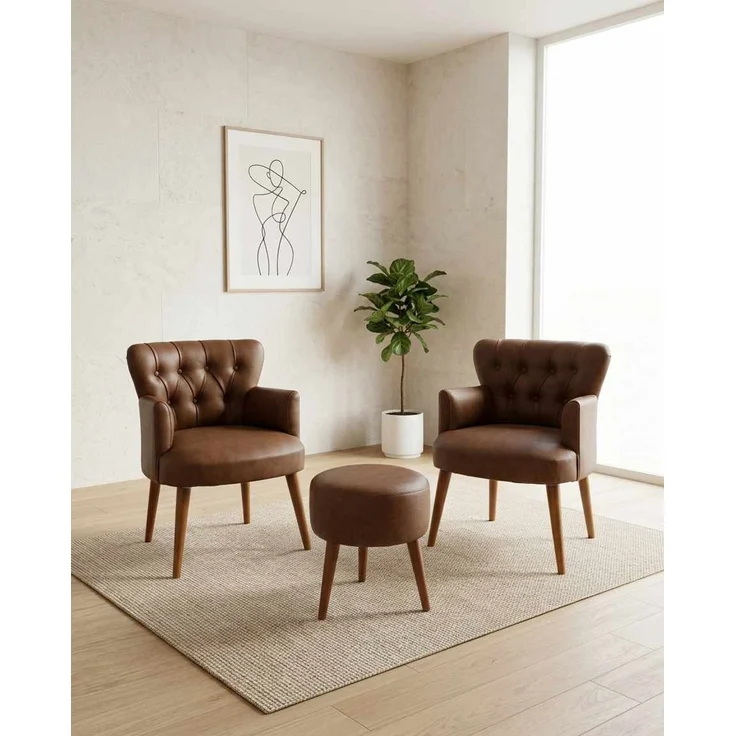 Hanah Home 'Az-2Rom-Cvz - Brown' Ohrensessel- und Hocker-Set (3-teilig), Braun, 60 x 84 x 52 cm – Bild 1