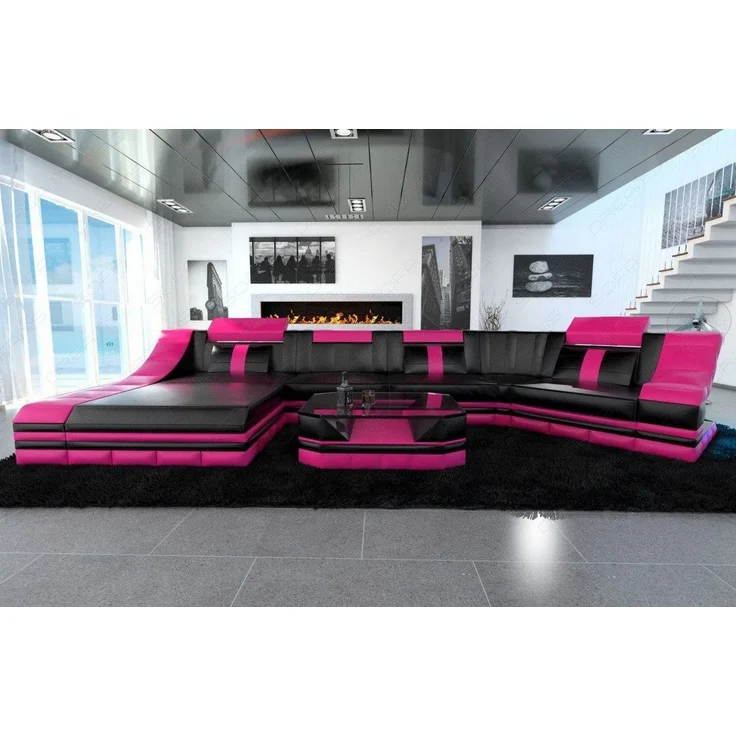 Sofa Dreams - Mini Luxus Wohnlandschaft Turino C-Form mit LED - Ledermix - Schwarz-Pink - Links – Bild 5